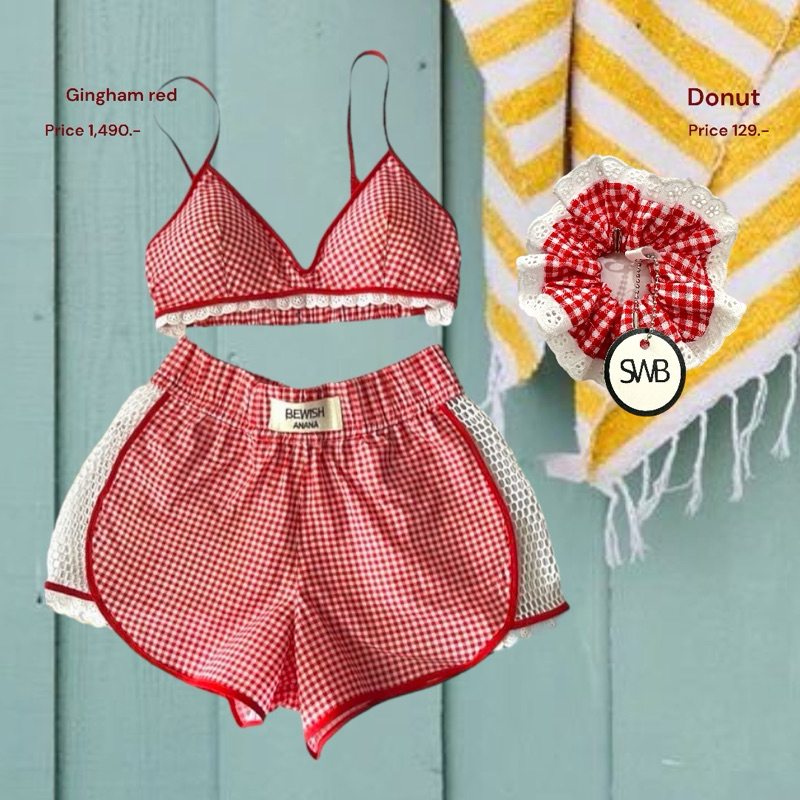 Gingham red ❤️/juniper🌲bralette+shorts❤️