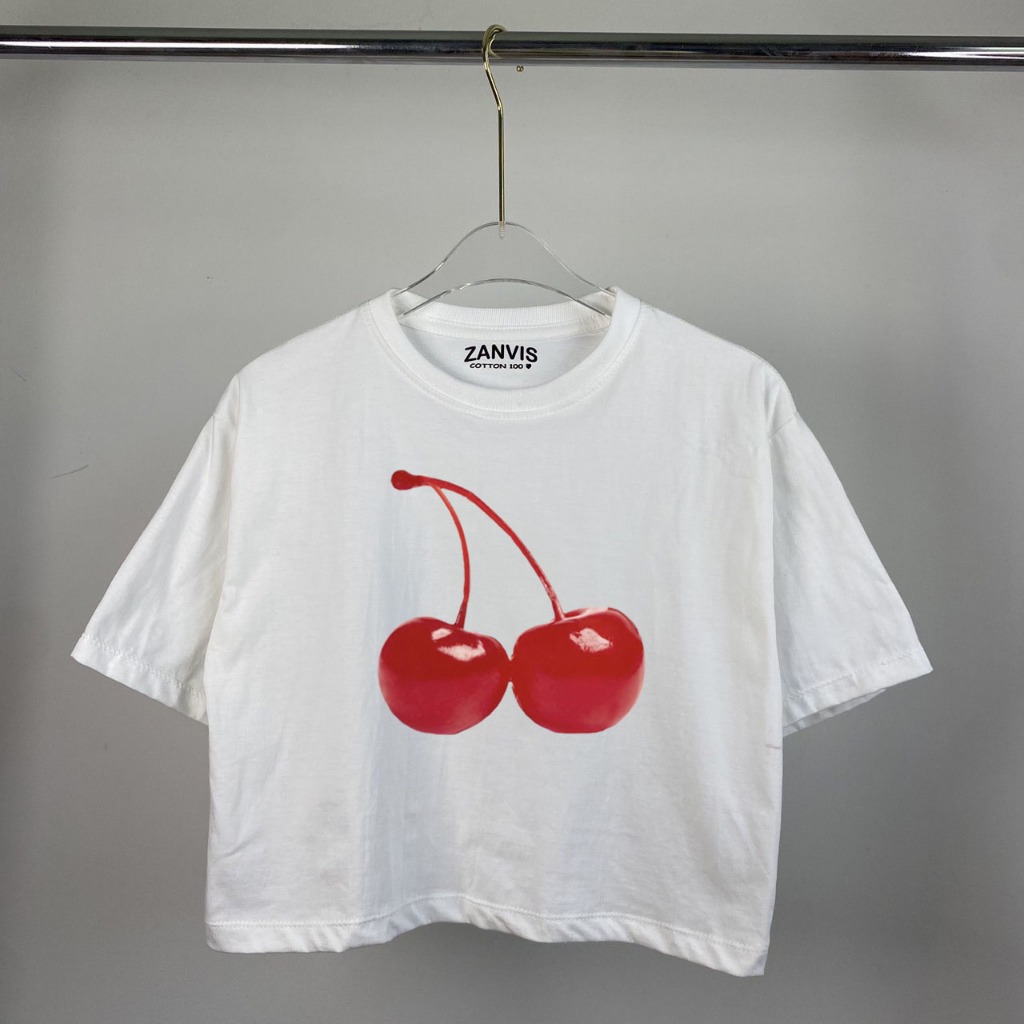 เสื้อครอปสกรีนลาย CHERRY มีให้เลือก 7 size 2 สี คอกลม และ คอวี