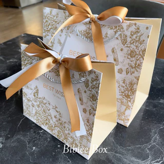 ꒰1ใบ꒱ถุงกระดาษ BEST WISHES โทนสีขาว*:･ทอง (หูหิ้วแยก) ริบบิ้นทูโทน สีทอง-เงิน