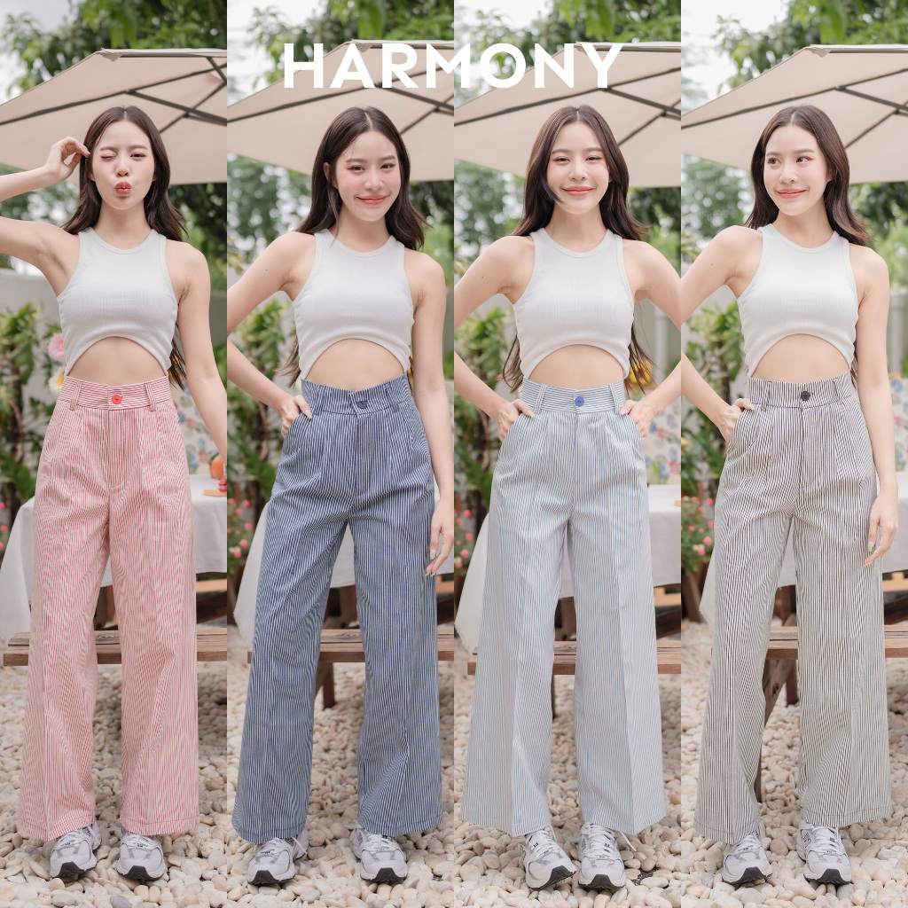 Harmony_SP038 กางเกงกระบอกใหญ่ผ้ายีนส์ลายริ้ว ดีเทลกระดุมตามสีน่ารักมากก ต้องมีเก็บไว้ในตู้สุดๆ