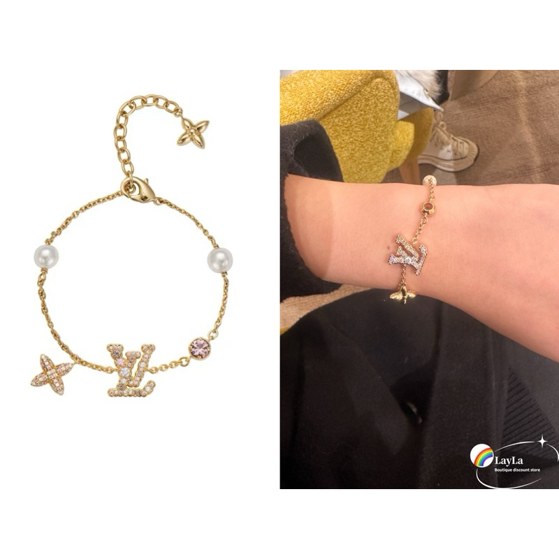 🌈 ของแท้ Louis Vuitton / LV สร้อยข้อมือคริสตัลเพิร์ลดอกไม้