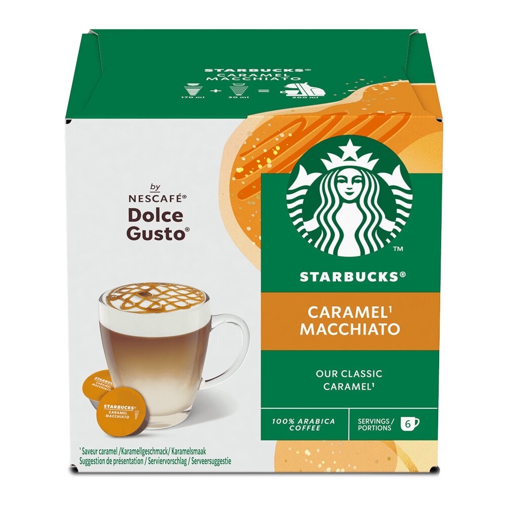 สินค้าลดล้างสต๊อก STARBUCKS CARAMEL MACCHIATO สตาร์บัคส์ คาราเมล แมคคิอาโต้ STARBUCKS DOLCE GUSTO 12แคปซูล/กล่อง