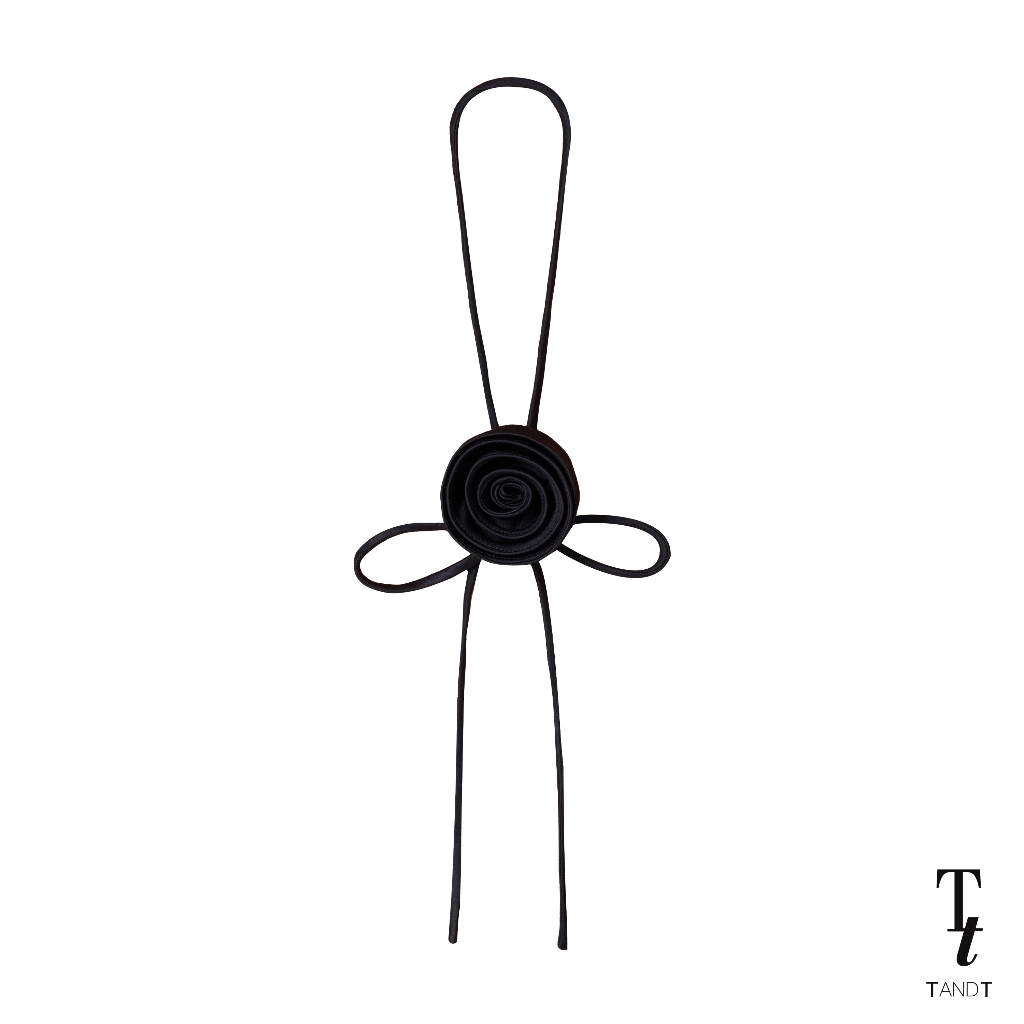 TandT - BLACK TIE - ROSE HAND-CRAFTED NECKTIE ไทด์เส้นเล็ก ตกแต่งดอกกุหลาบ สำหรับผูกตกแต่ง คล้องคอ