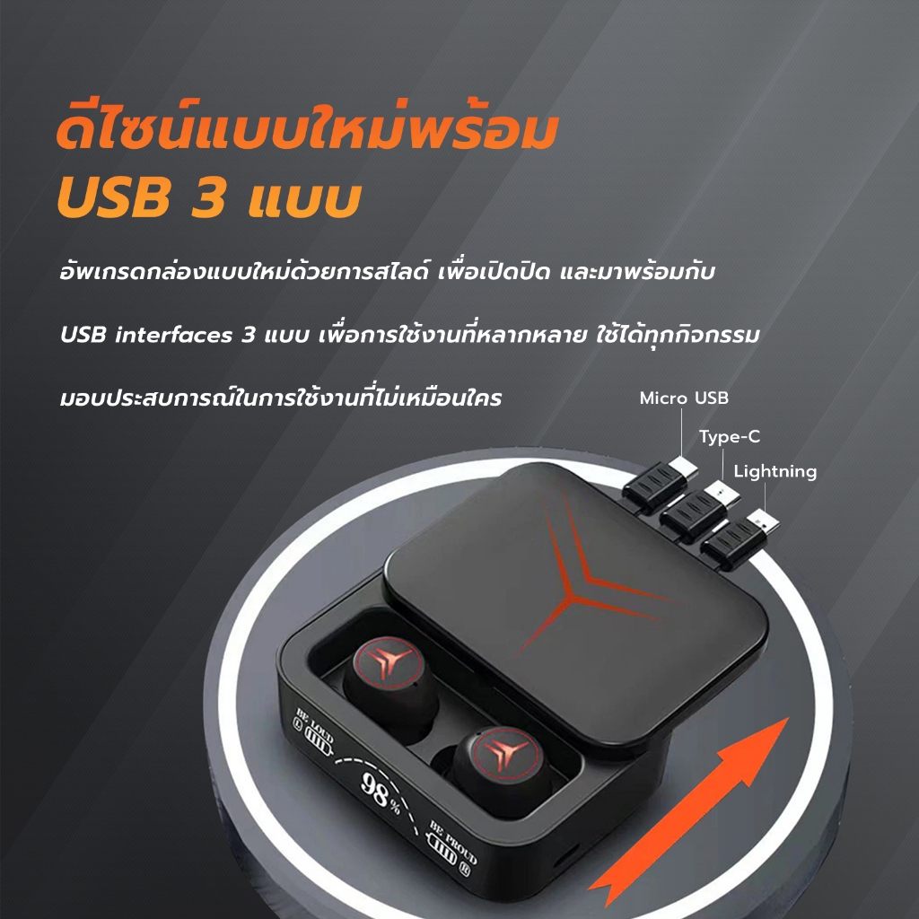 M88plus หูฟังบลูทูธ หูฟังบลูทูธไร้สาย เสียงสเตอริโอ กล่องชาร์จพาวเวอร์ฉุกเฉินพร้อมสายชาร์จในตัว