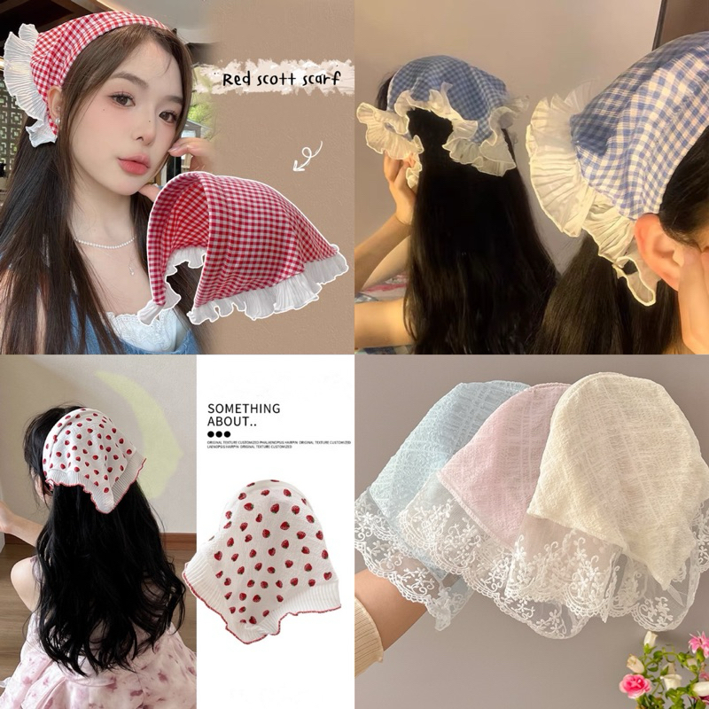 พร้อมส่งจากไทย(ส่งไว)ผ้าโพกหัวลูกไม้ ที่คาดผมทรงสามเหลี่ยม เครื่องประดับผม เหมาะกับเดินชายหาด