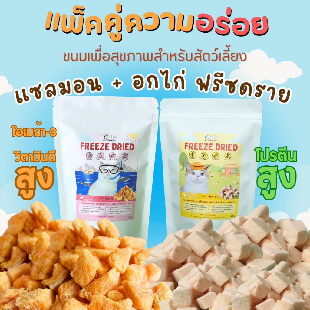 อกไก่ฟรีซดราย แซลมอนฟรีซดราย แพ็คคู่ความอร่อย ขนมเพื่อสุขภาพสัตว์เลี้ยง Yogie&Friends โยกี้แอนด์เฟรน