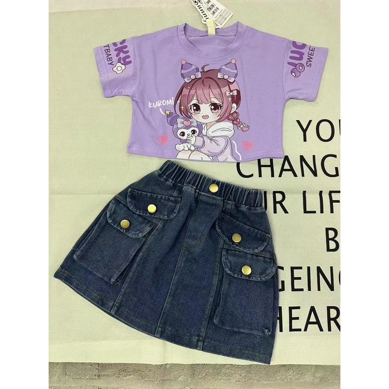 ชุดเสื้อคอปกระโปรงยีนส์เด็ก3-10ขวบพรัอมส่ง
