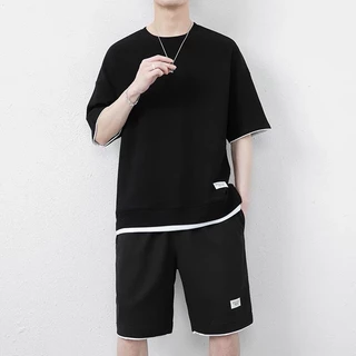 (ใหม่/T402#）พร้อมส่ง ชุดเซทชาย（เสื้อ+ขาสั้น）เนื้อผ้าฝ้าย ใส่เเล้วดูเเท่