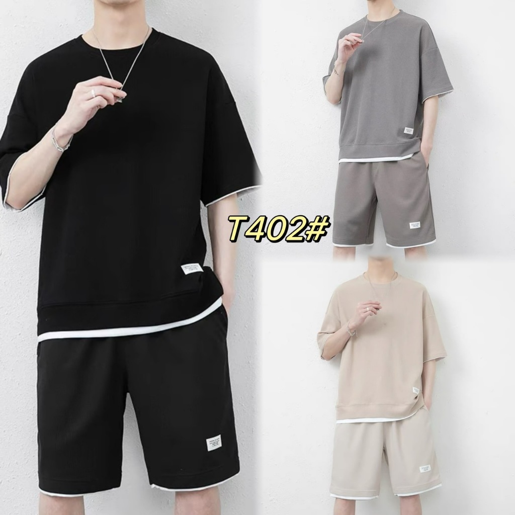 (ใหม่/T402#）พร้อมส่ง ชุดเซทชาย（เสื้อ+ขาสั้น）เนื้อผ้าฝ้าย ใส่เเล้วดูเเท่