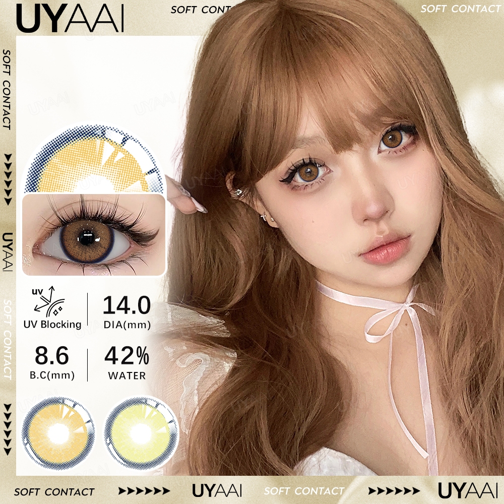 UYAAI คอนแทคเลนส์ น้ำตาล สัมผัสด้วยสีธรรมชาติ ปริมาณน้ำ 42 % 14.0 มม. สามารถใช้สำหรับ แต่งหน้าตา รายเดือน