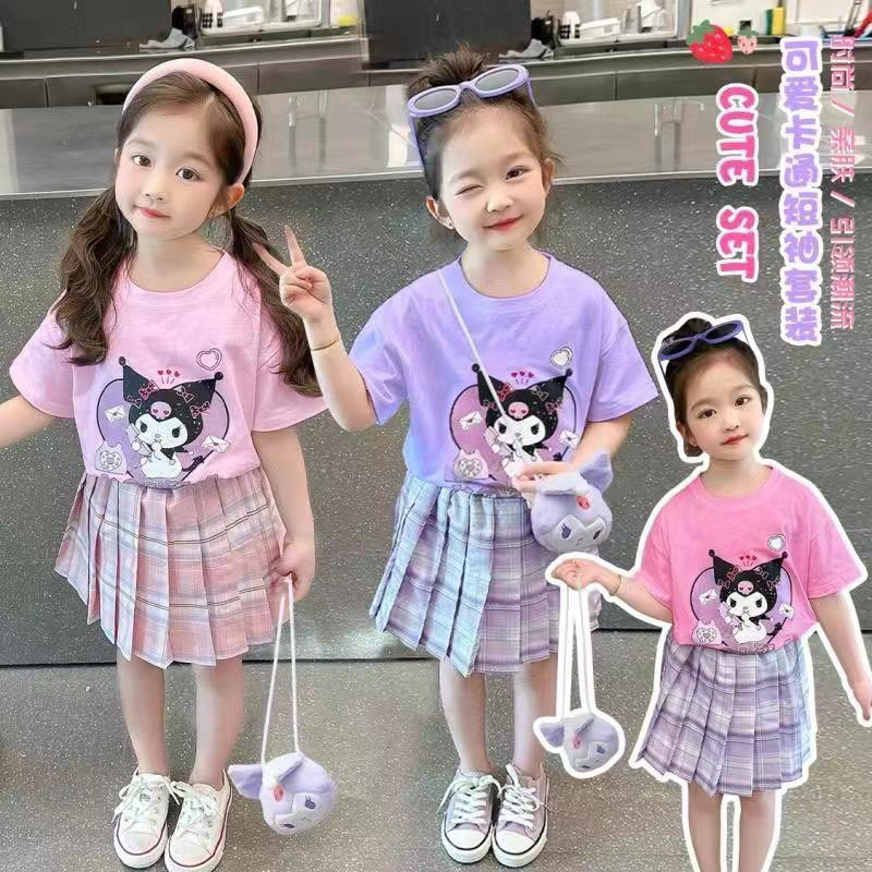 เสื้อลายการ์ตูนคุโรมิ+กระโปรงลายสก็อตเด็ก1-4ขวบพร้อมส่ง