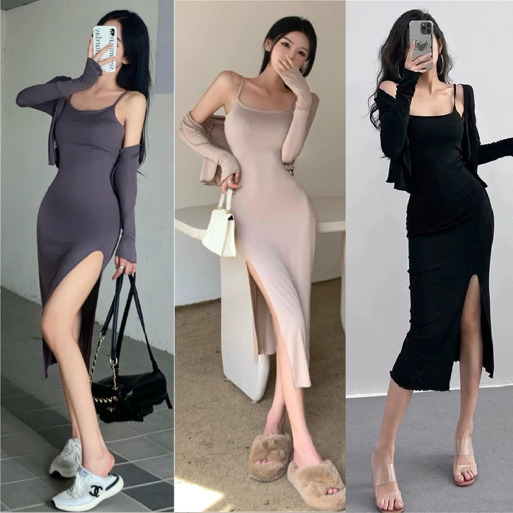 ชุดเดรสเป็นเซ็ท สีดำ เดรสสายเดี่ยวยาว+เสื้อคลุมแขนยาว ผ้ายืด ใส่สบาย รัดรูป #9155