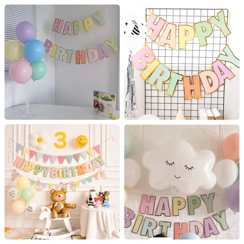 ป้ายวันเกิด  ลูกโป่ง ธงHappy birthday คละสี พาสเทล ตัวใหญ่ พร้อมส่ง ร้านไทย