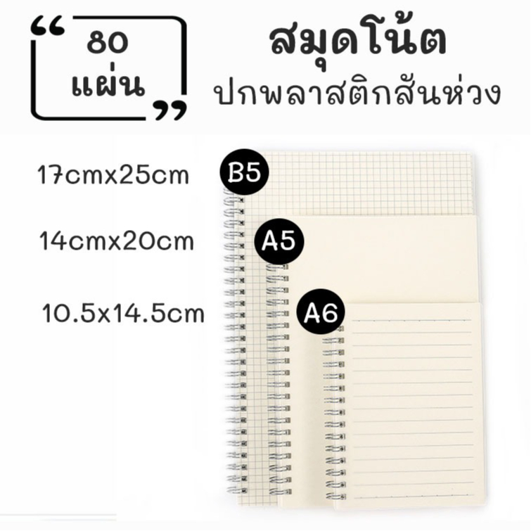 สมุดโน๊ต จดบันทึก ปกขาวขุ่นใส ขนาด A5/A6/B5 80แผ่น ห่วงข้าง แบบเส้นบรรทัด แบบตารางGRIDหรือแบบพื้นขาว