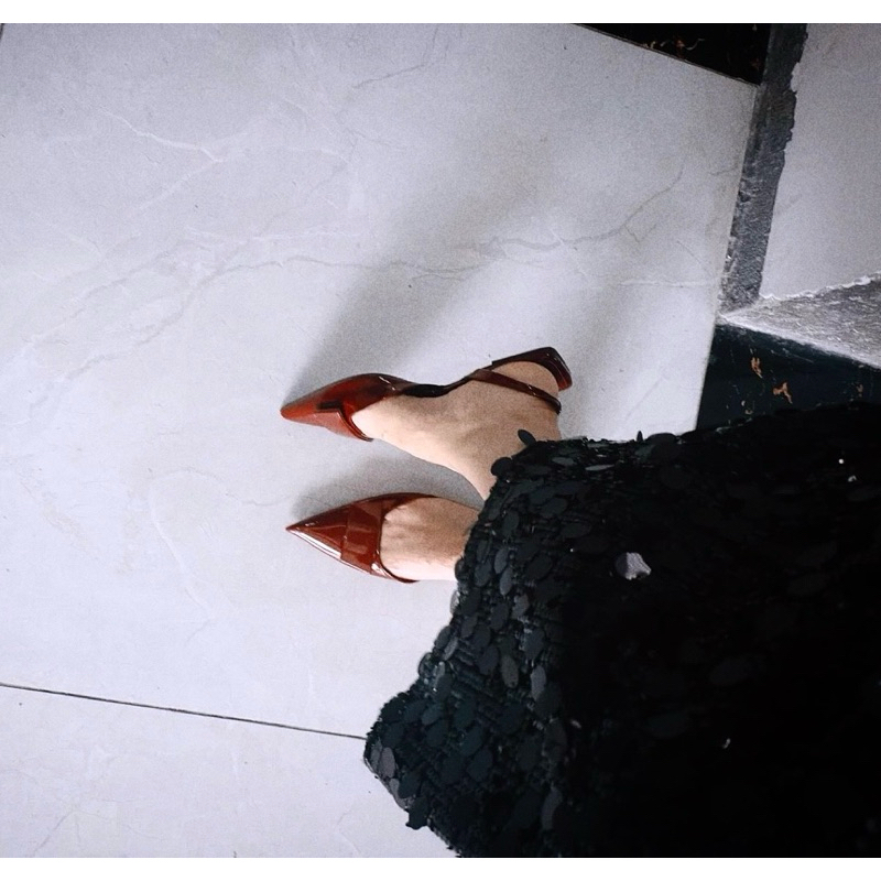 ส่งด่วนกทม📌ZARAของแท้💯 รองเท้าส้นเตึ้ยPuหัวเเหลมรัดส้น SANDALS SLINGBACK Red Bergundy