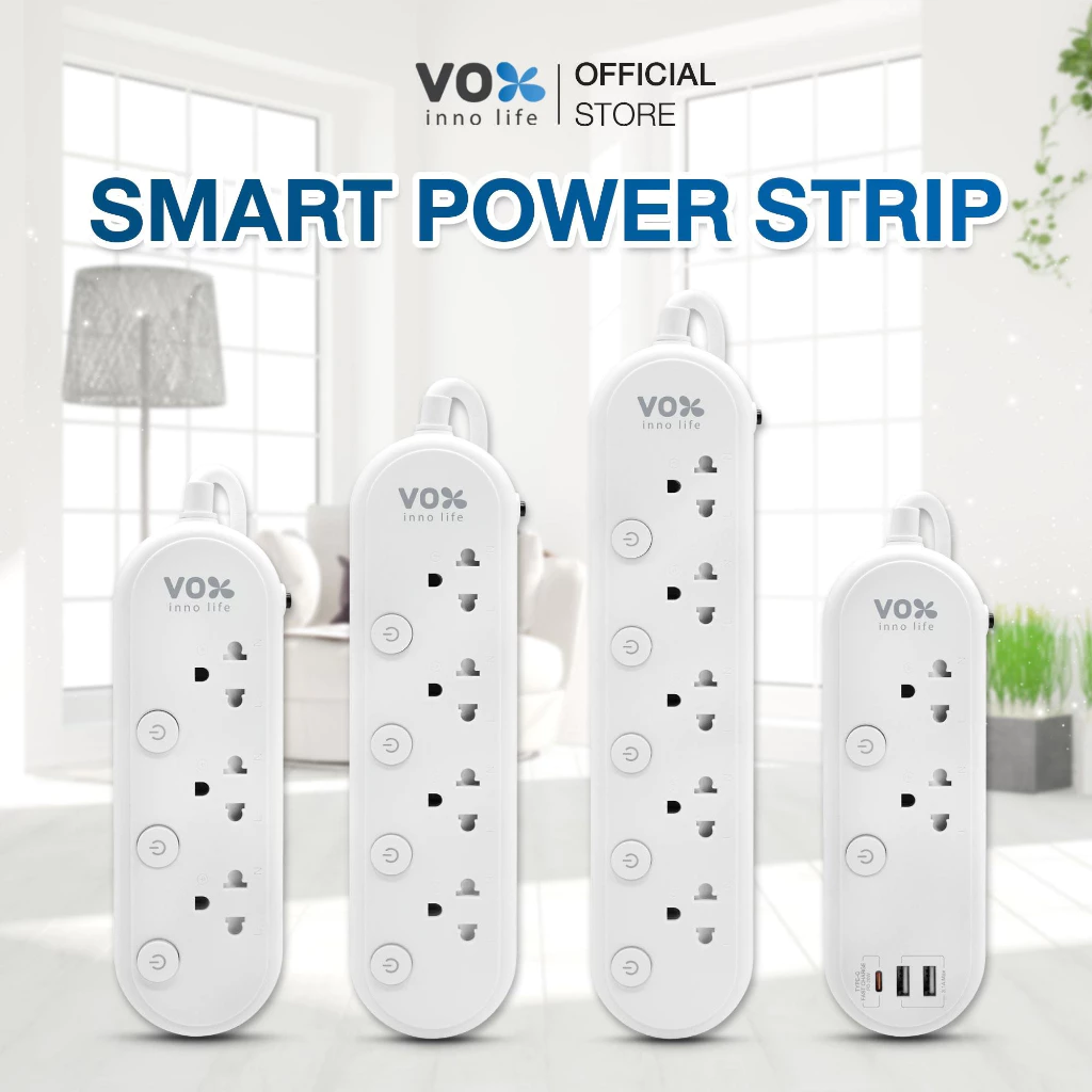 ปลั๊กไฟกันไฟกระชาก Vox Smart (10A 2300W) สวิตช์แยก Type-C PD20 วัตต์ มีมอก. รางปลั๊ก USB : สายยาว 3 เมตร