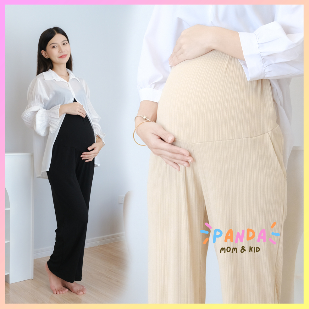 PANDA กางเกงคนท้อง ขายาว ผ้าร่องลิซ่า มีกระเป๋า มีสายปรับกระดุม