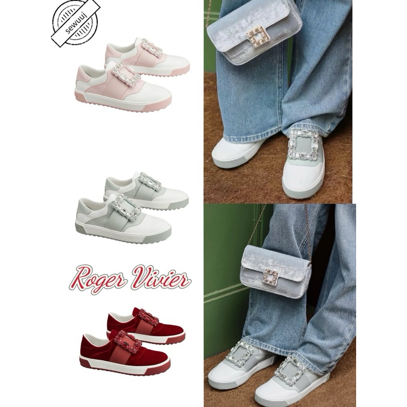 รองเท้าผ้าใบแฟชั่น Roger Vivier แท้ Very Vivier หนังแฟลชเพชรหัวเข็มขัด Low Top