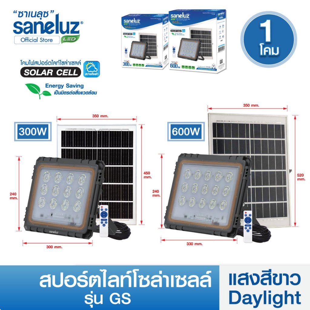 Saneluz โคมไฟสปอตไลท์โซล่าเซลล์ 300W และ 600W รุ่น GS แสงสีขาว Daylight 6500K สว่างตลอดคืน เปิด-ปิดเองอัตโนมัติ Solar Ce