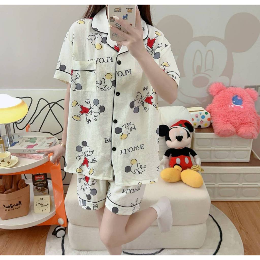 ชุดนอนผ้าฝ้าย 2XL เสื้อแขนสั้น กางเกงขาสั้น