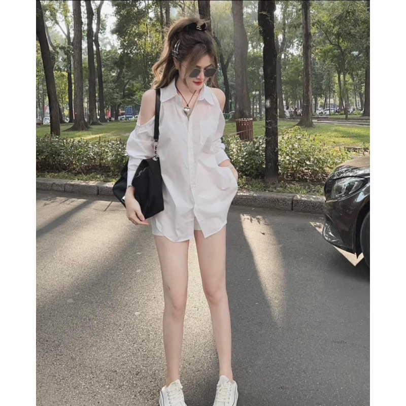 🧡LADY DAKA SHOP🧡เสื้อเชิ้ตแขนยาว เว้าช่วงไหล่ SHIRT ผู้หญิง