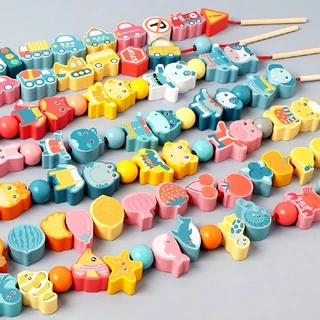 พร้อมส่ง 100Pcs ของเล่นเด็ก ของเล่นไม้ร้อยเชือก บล็อกไม้ร้อยเชือก ของเล่นเด็กเสริมพัฒนาการ