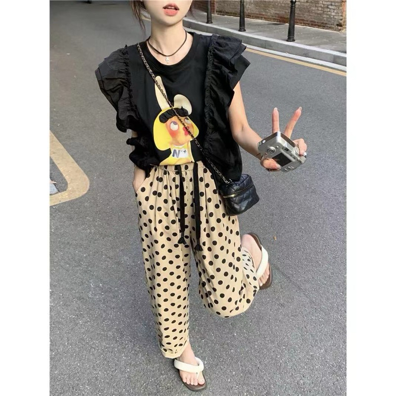 ชุดเซ็ท แขนกุดระบายหน้า ขายาวลายจุด