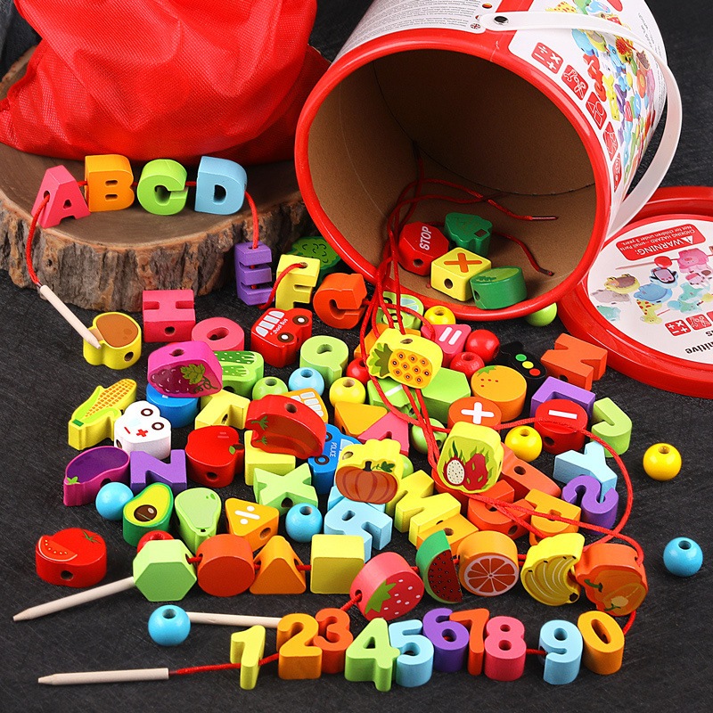 พร้อมส่ง 100Pcs ของเล่นเด็ก ของเล่นไม้ร้อยเชือก บล็อกไม้ร้อยเชือก ของเล่นเด็กเสริมพัฒนาการ