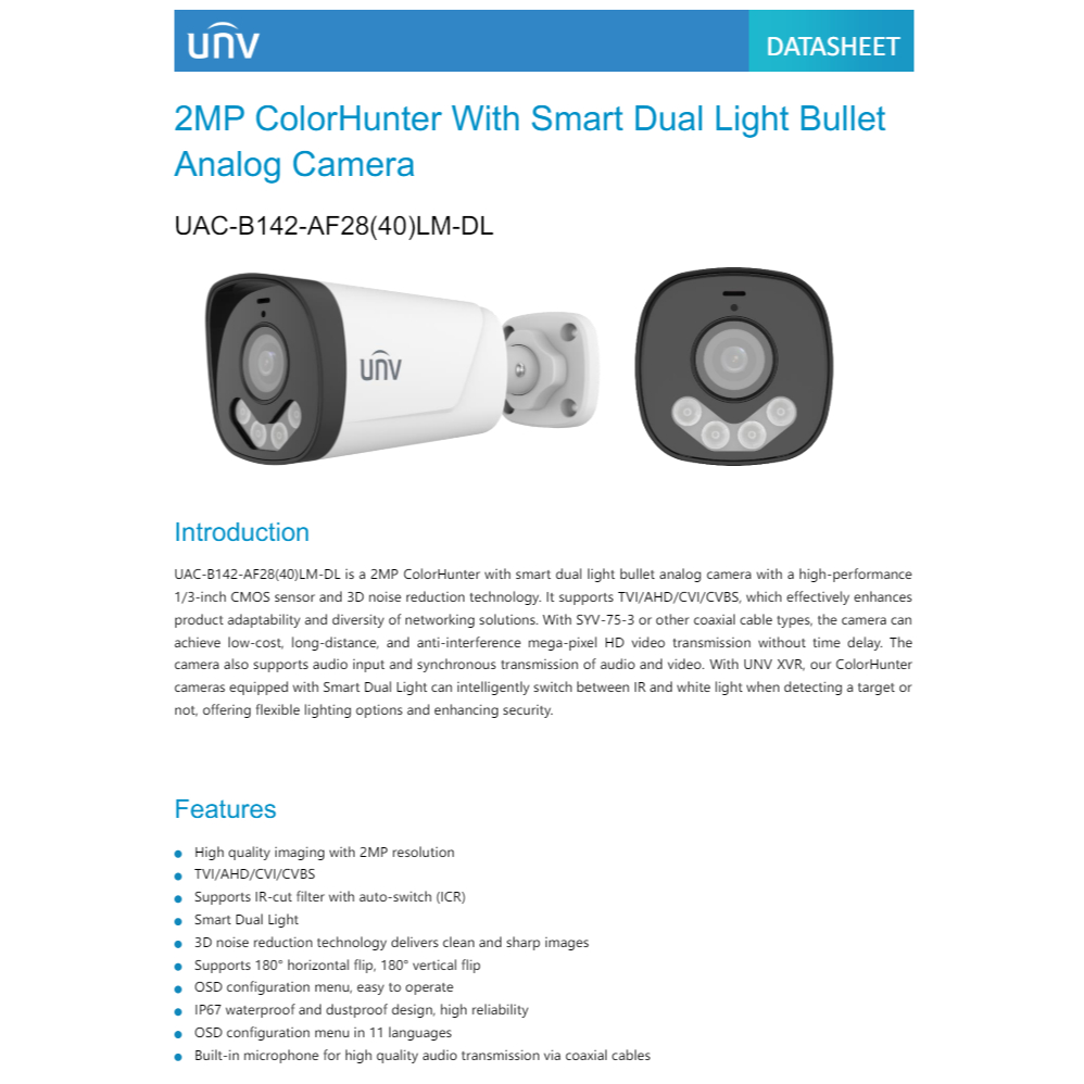 กล้องวงจรปิด UNV รุ่น UAC-B122-AF28M-W / UAC-B142-AF28LM-DL ความละเอียด 2.0 MP และ UAC-B145-AF28LM-DL ความละเอียด 5.0 MP