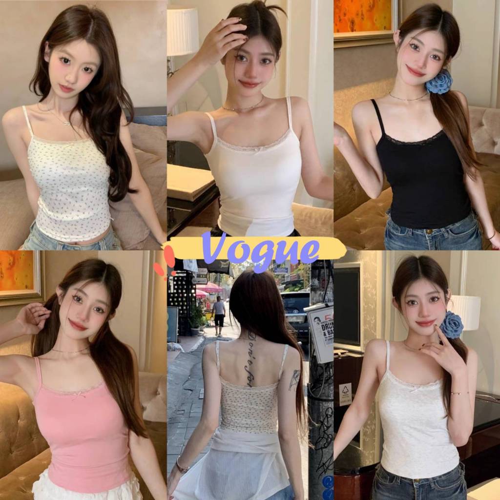 Vogue พร้อมส่ง เสื้อสายเดี่ยว มีฟองน้ำ ดีเทลผ้าร่อง ขอบลูกไม้ (FYC017-S)