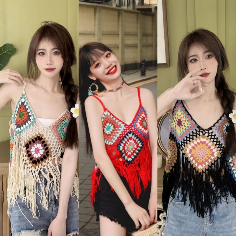 มาเร็ววว มีสีมาเพิ่ม เสื้อสายเดี่ยว เสื้อถักไหมพรม ครอปสั้นงานถัก