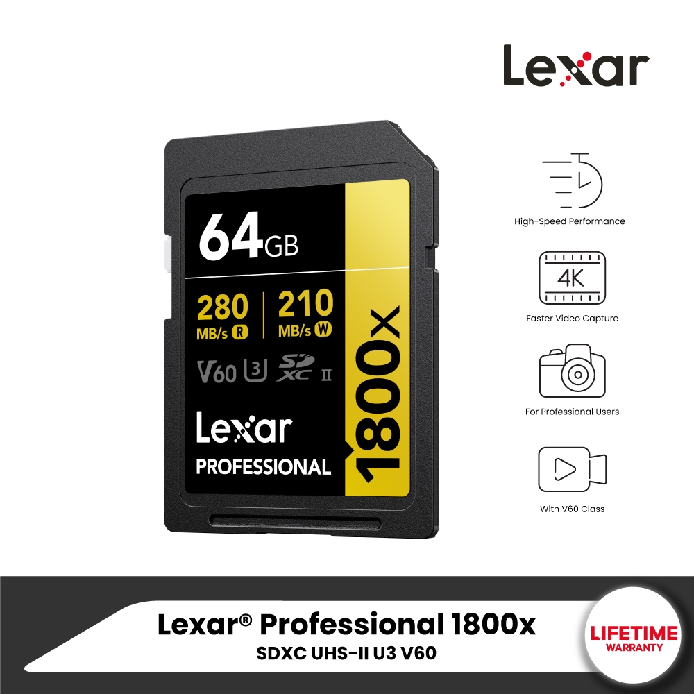 Lexar SD1800x 64GB UHS-II U3 V60 SD Card (เอสดีการ์ด) Full-HD 3D 4K RW280/210MB/s (LSD1800064G) GOLD Series