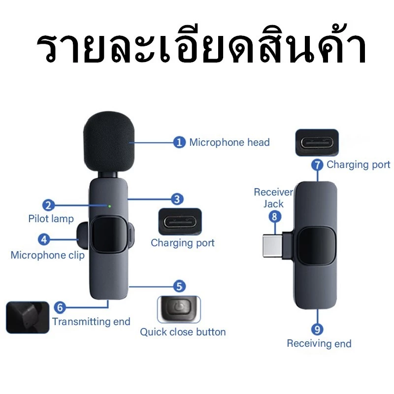 ไมโครโฟนไร้สาย Wireless Microphone แบบพกพา ใช้สําหรับสมาร์ทโฟน ไมค์ไร้สายหนีบเสื้อ ไมค์หนีบปกเสื้อ thumbnail 7