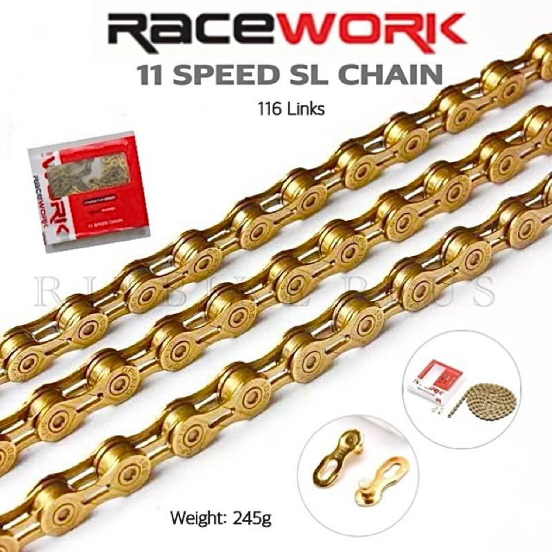 (โค๊ดส่วนลด) โซ่จักรยาน RACEWORK 11 speed สีทอง ข้อฉลุ น้ำหนักเพียง 245g. รองรับได้ทั้งเสือหมอบและเสือภูเขา