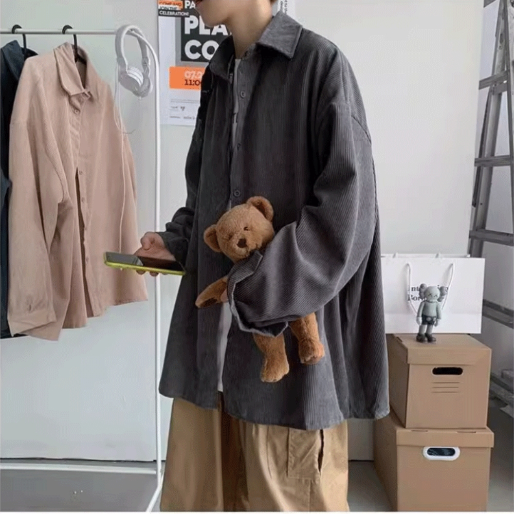 MMA8013 เสื้อเชิ๊ตแขนยาวผ้าลูกฟูกลายทางสไตส์วินเทจ คอปก สำหรับชายสไตส์เกาหลี พร้อมส่งจากไทย ไซส์ M-2