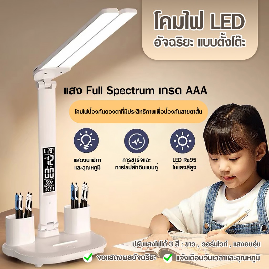 โคมไฟอ่านหนังสือ3สีสโคมไฟตั้งโต๊ะLEDสมาร์ทดิสเพลย์ แสดงอุณหภูมิUSBแบบชาร์จไฟอ่านหนังสือป้องกันตาออกแบบมาเพื่อการ