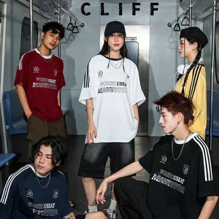 CLIFF -COD✅เสื้อยืดผู้ชาย สไตล์กีฬาลําลอง ลายทาง ลายพิมพ์ เสื้อยืดคอกลม สไตล์ผู้ชายและผู้หญิง สไตล์อเมริกัน