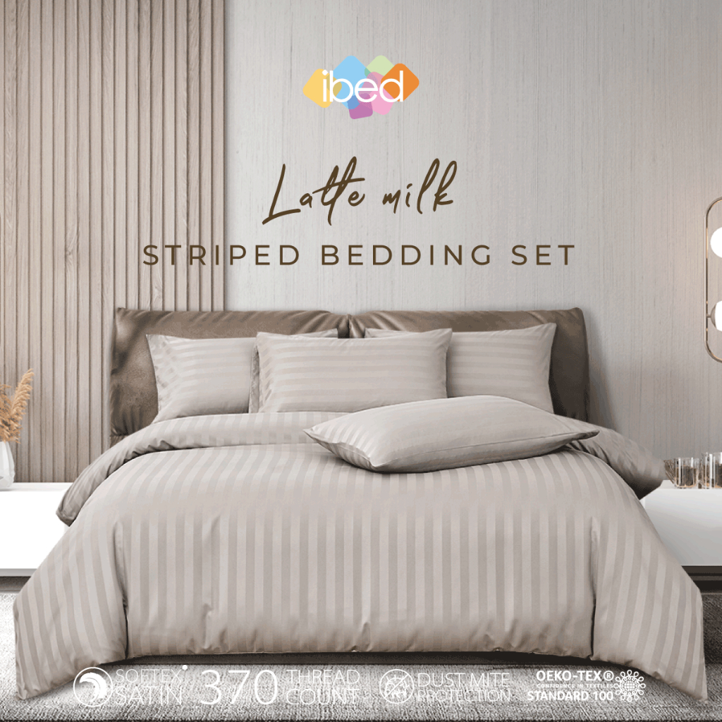 ibed ชุดผ้าปูที่นอนทอลายครบเซ็ท Softex Satin (ทอลายริ้ว) Latte milk 3.5 ฟุต,5 ฟุต,6 ฟุต - STRIPED CO