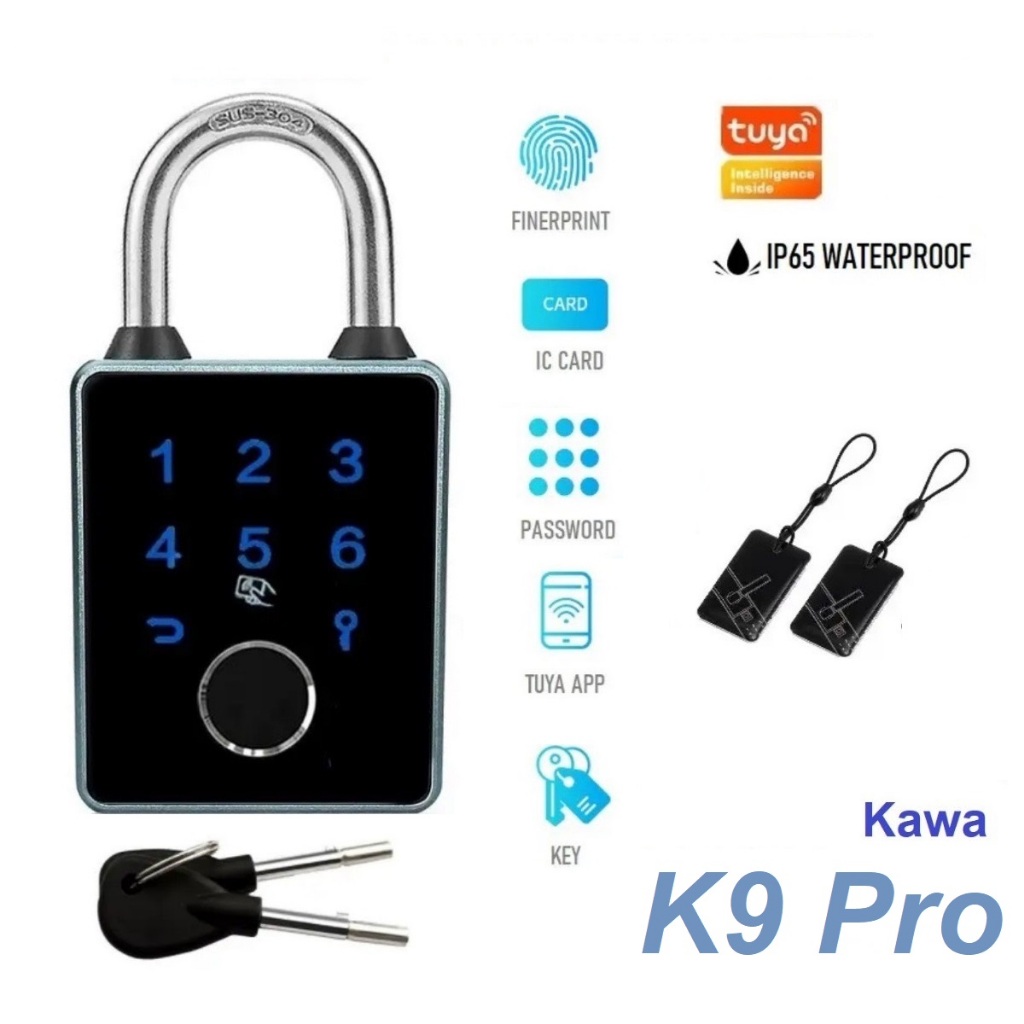 แม่กุญแจ Kawa K9 Pro ปลดล็อคด้วยลายนิ้วมือ + แอป Tuya + รหัสผ่าน + กุญแจ + คีการ์ด กันน้ำ IPX5 ถอดเป