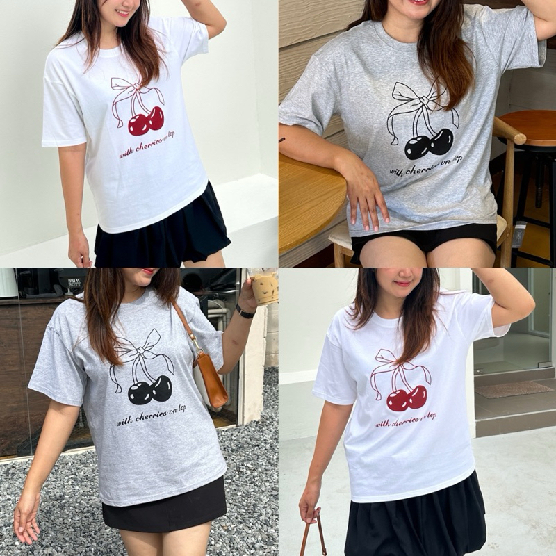 LAMIIE • Cherry Baby Oversized  เสื้อยืดเชอร์รี่โบว์แฟชั่นอินเทรนด์ น่ารักสดใส ผ้าคอตตอนเกรดคุณภาพ