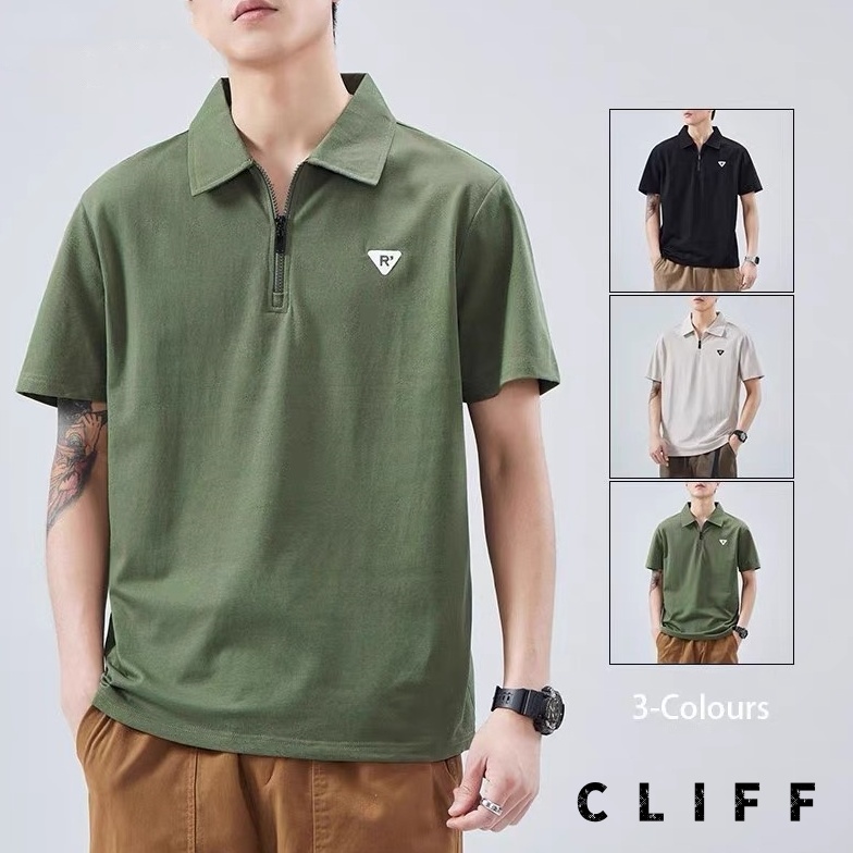 CLIFF เสื้อโปโลผู้ชาย ซิปคอเสื้อ แขนสั้นแฟชั่นแมทช์ลุคง่าย เสื้อเชิ้ตคอปกเรียบง่าย มีให้เลือก3สี