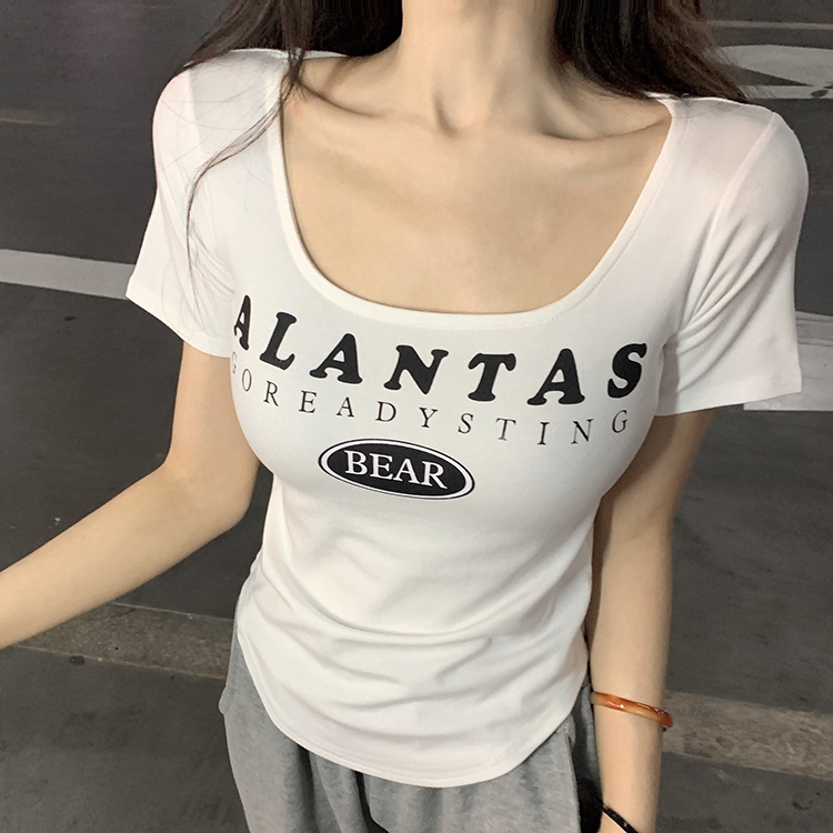 เสื้อครอปรัดรูปนมโตคอเหลี่ยม เซ็กซี่ น่ารักๆ เสื้อผ้าสลิมฟิตสาวอวบ แฟชั่นมาใหม่ เสื้อยืดสวยๆผู้หญิงสไตล์เกาหลี พิมพ์ลาย