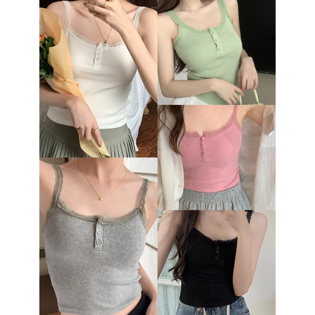 เสื้อกล้าม เสื้อกล้ามหญิง ขอบลูกไม้ รัดรูปเซ็กซี่ มีกระดุมที่หน้าอก#22016