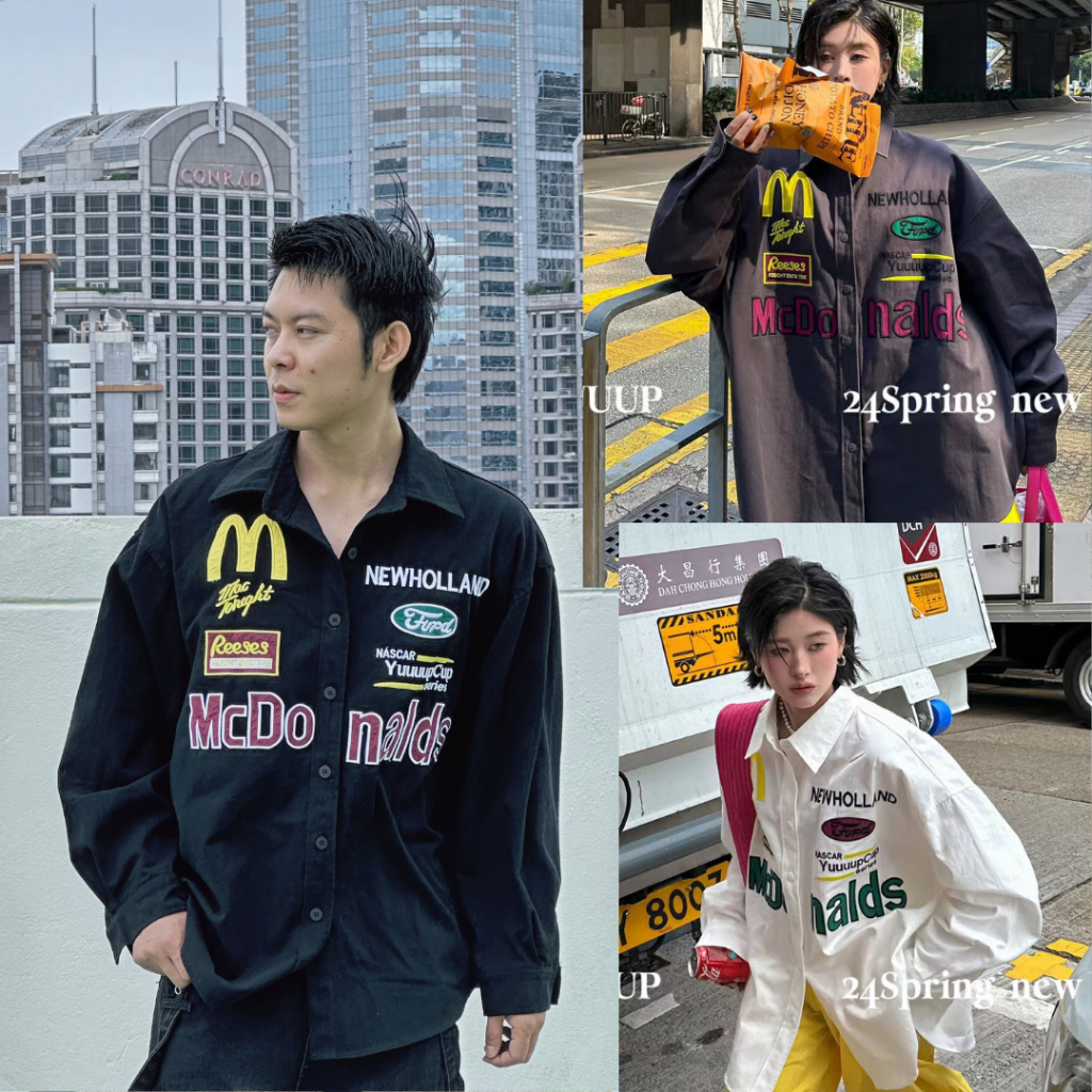 StylePop เสื้อเชิ๊ตแขนยาว ผู้ชาย ผู้หญิง Over Size งานปัก ผ้าแคนวาส Oversized Shirt Premium MC donald