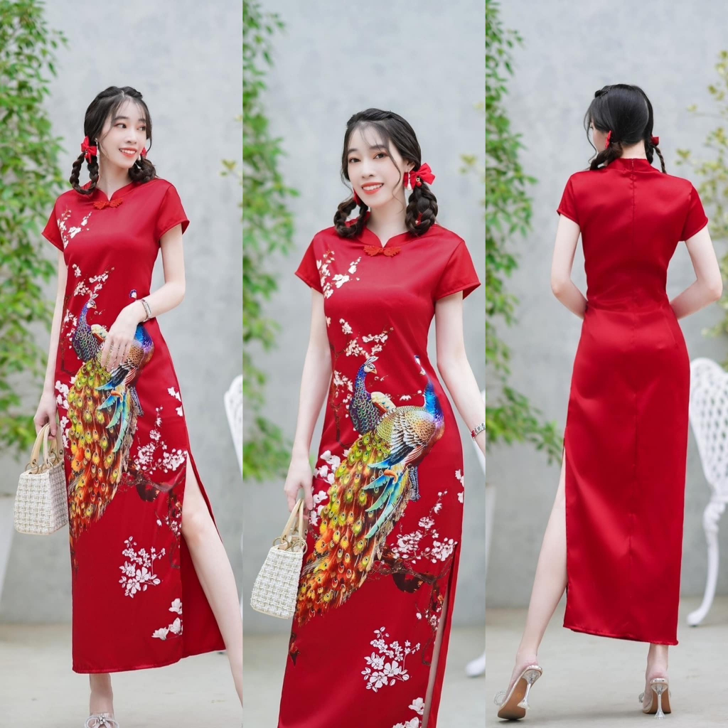 เดรสกี่เพ้ายาว เดรสใส่ตรุษจีนสีแดงยาาว ลายนกยูงสี นางแบบใส่งานจริง สวย ตรงปก อก 36 38 40 งานไซส์