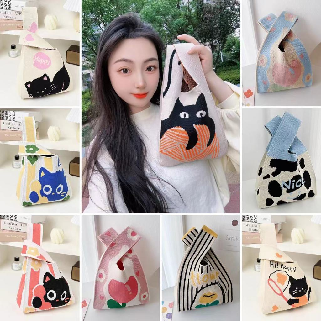 pink girl123พร้อมส่งไทย:กระเป๋าถือลําลอง ผ้าถัก ลายสก๊อต แฮนด์เมด ZB95