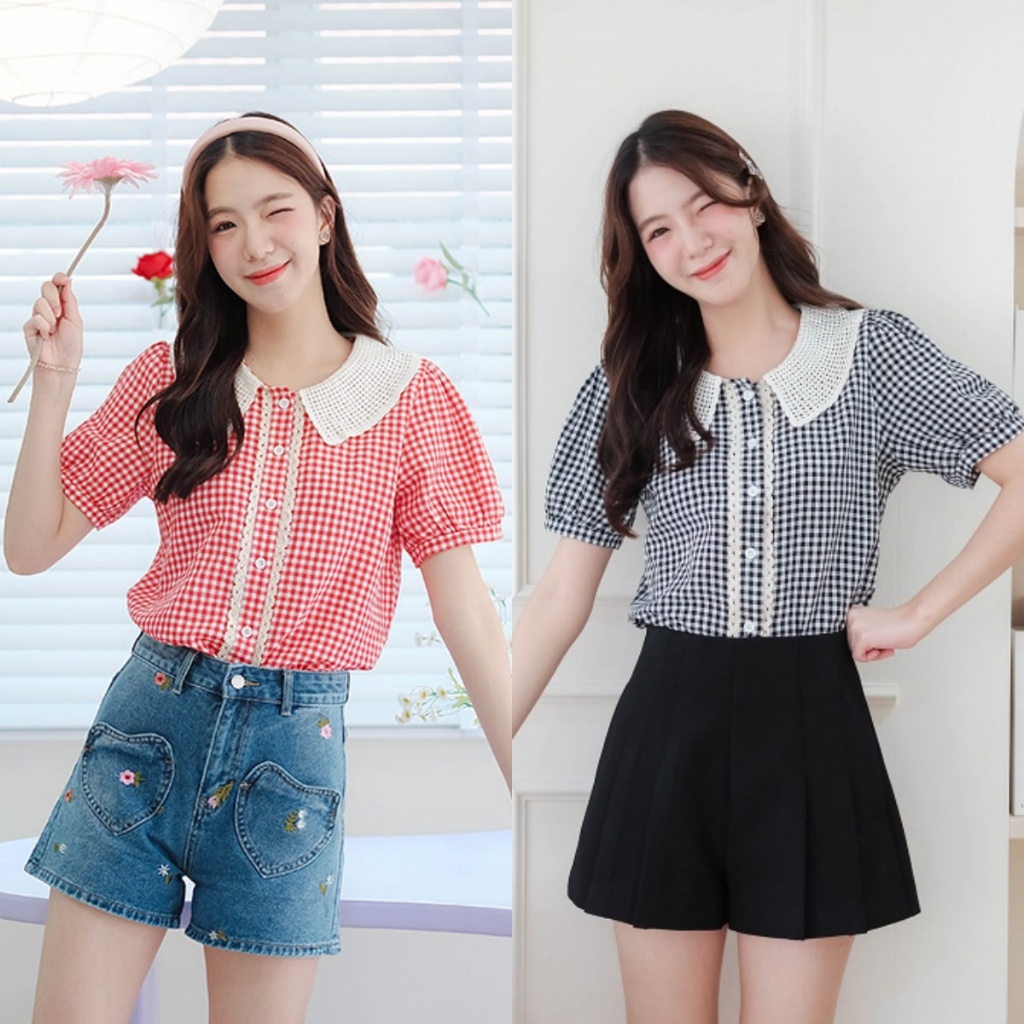 08-314 เสื้อแขนสั้นลาย Cheer Checked Top - 2 สี