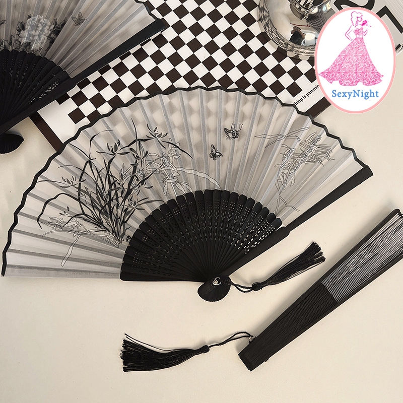 SexyNight ด้ามจิ้ว สมัยโบราณ พัดลมไม้ไผ่ ลายดอกไม้ พระคุณ ราคาถูก พร้อมส่งจากไทย（H9322）