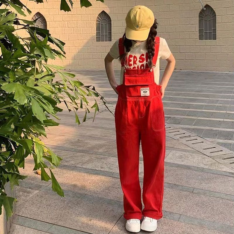 สีแดง เอวสูง คาวบอย กางเกงเอี๊ยม ท่อตรง เครื่องมือเครื่องมือ ขากว้าง หลวมๆ ความรู้สึกผ้าม่าน เป็นตัวเชื่อมโยง