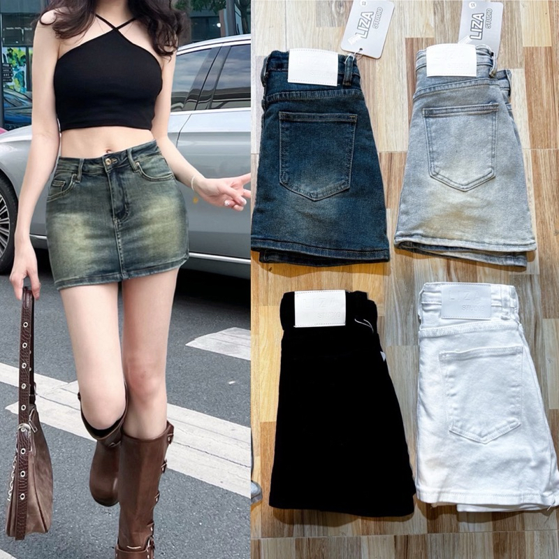 Liza พร้อมส่งจากไทย กระโปรงยีนส์สั้น ผ้ายืด mini skirt jean มีซับใน น่ารัก แบบที่สาวเวียดนามฮิต พส.จีนนิยมใส่